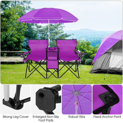 Folding Picnic Double Chair With Umbrella, Purple