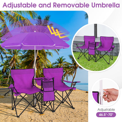 Folding Picnic Double Chair With Umbrella, Purple