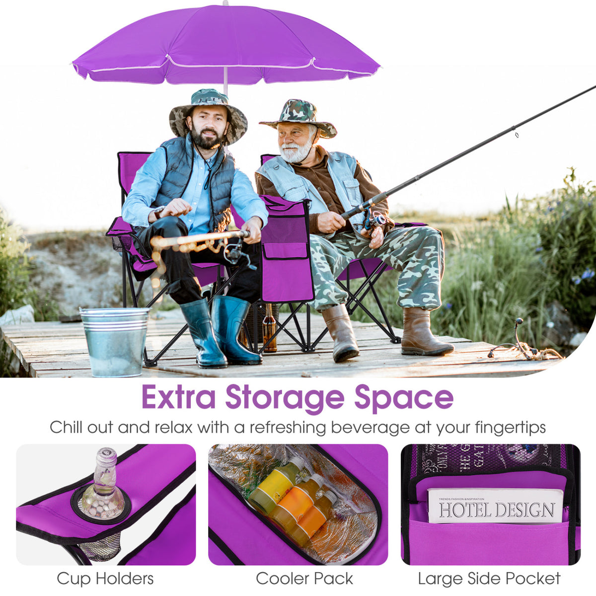 Folding Picnic Double Chair With Umbrella, Purple