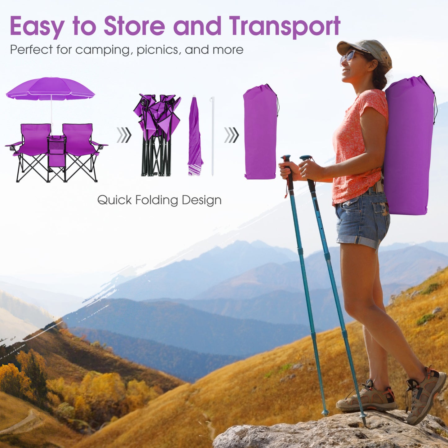 Folding Picnic Double Chair With Umbrella, Purple