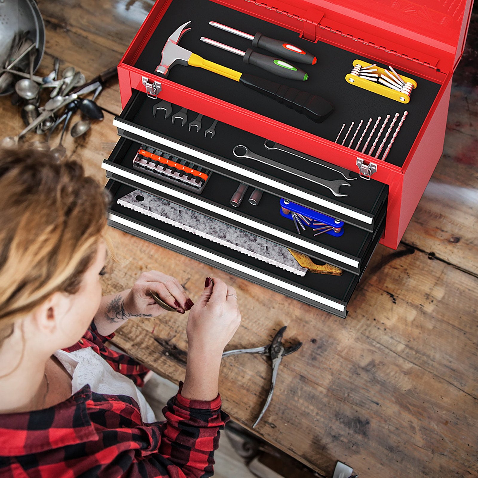 Portable Garage Mechanic Tool Cabinet Box with 3 Drawers, Black & Red Garages at Gallery Canada