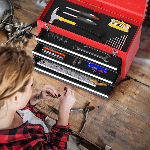 Portable Garage Mechanic Tool Cabinet Box with 3 Drawers, Black & Red