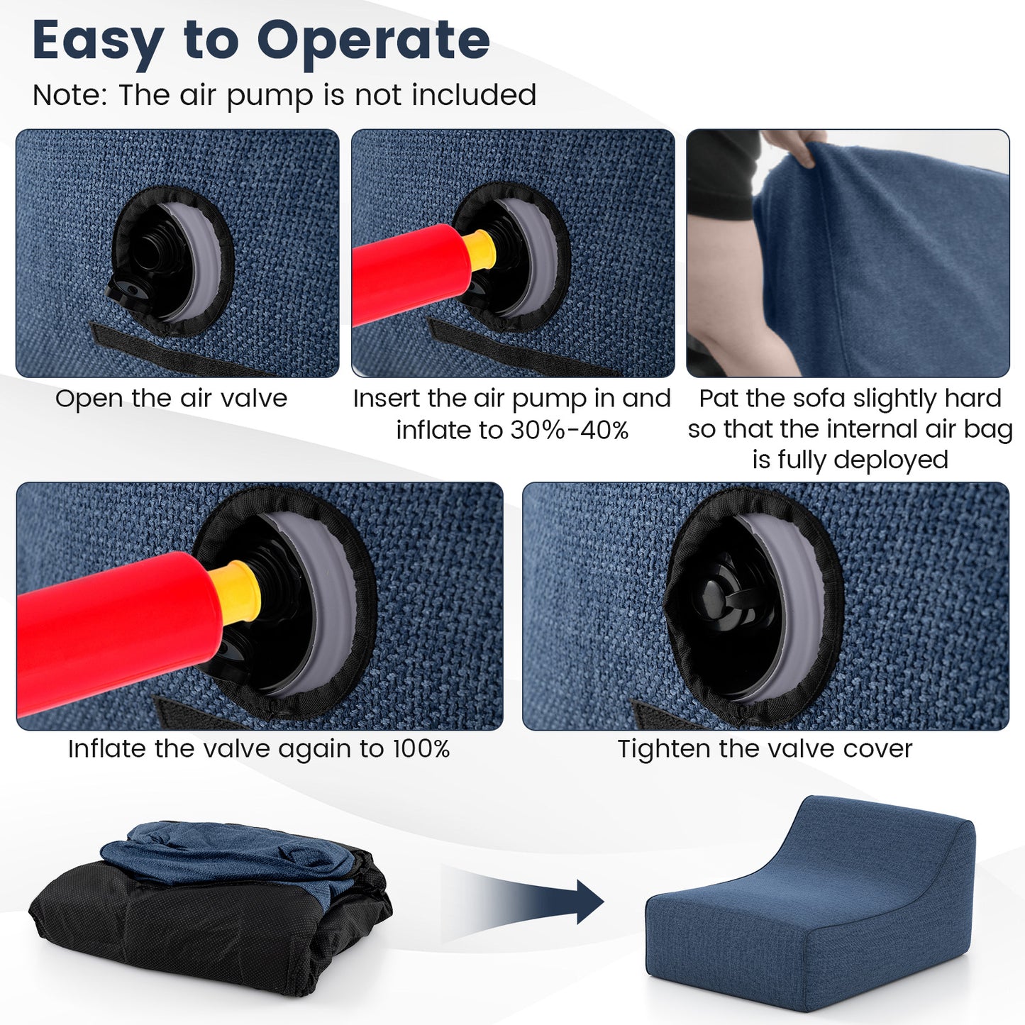 Portable L-Shaped Inflatable Lazy Sofa with Detachable Cover, Blue