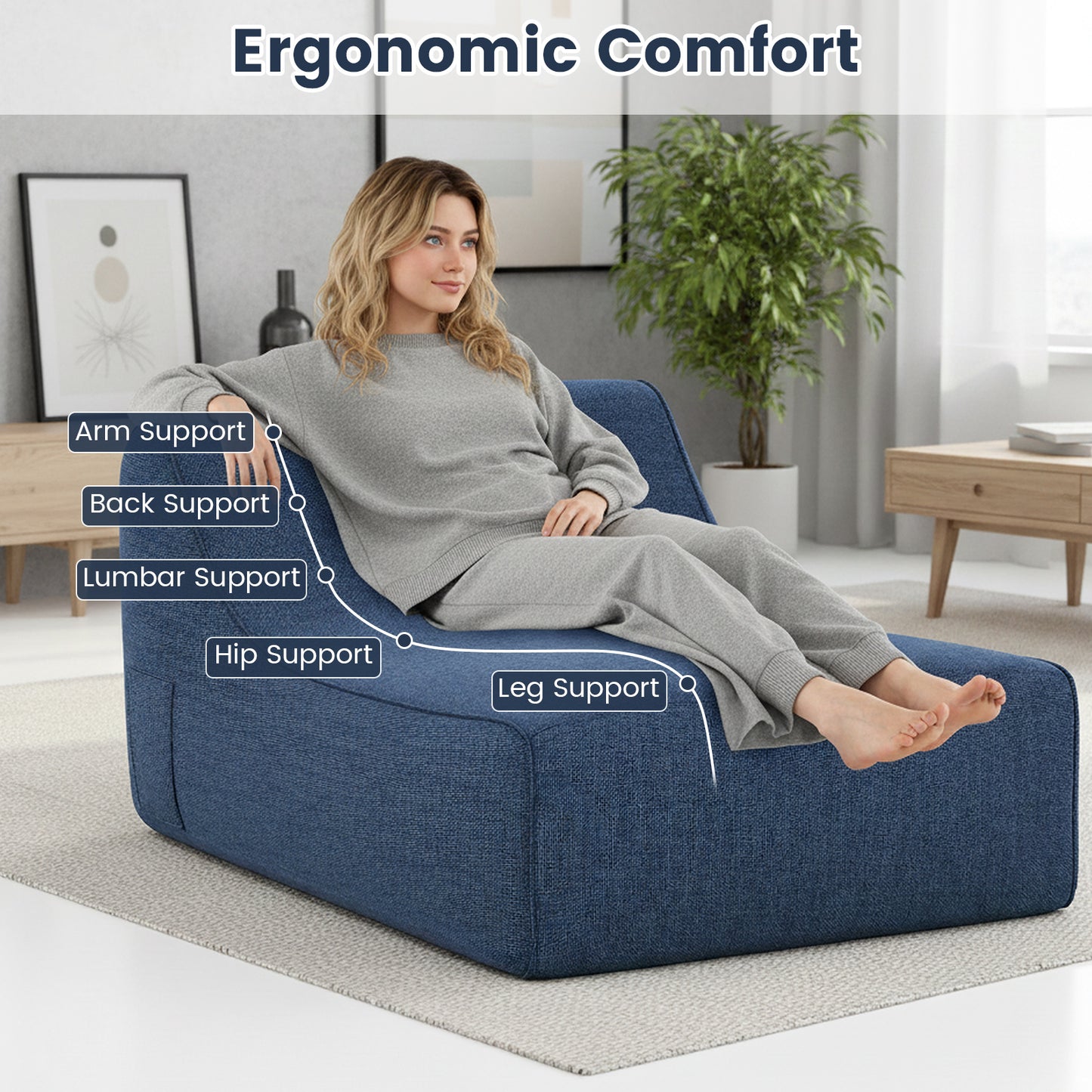 Portable L-Shaped Inflatable Lazy Sofa with Detachable Cover, Blue