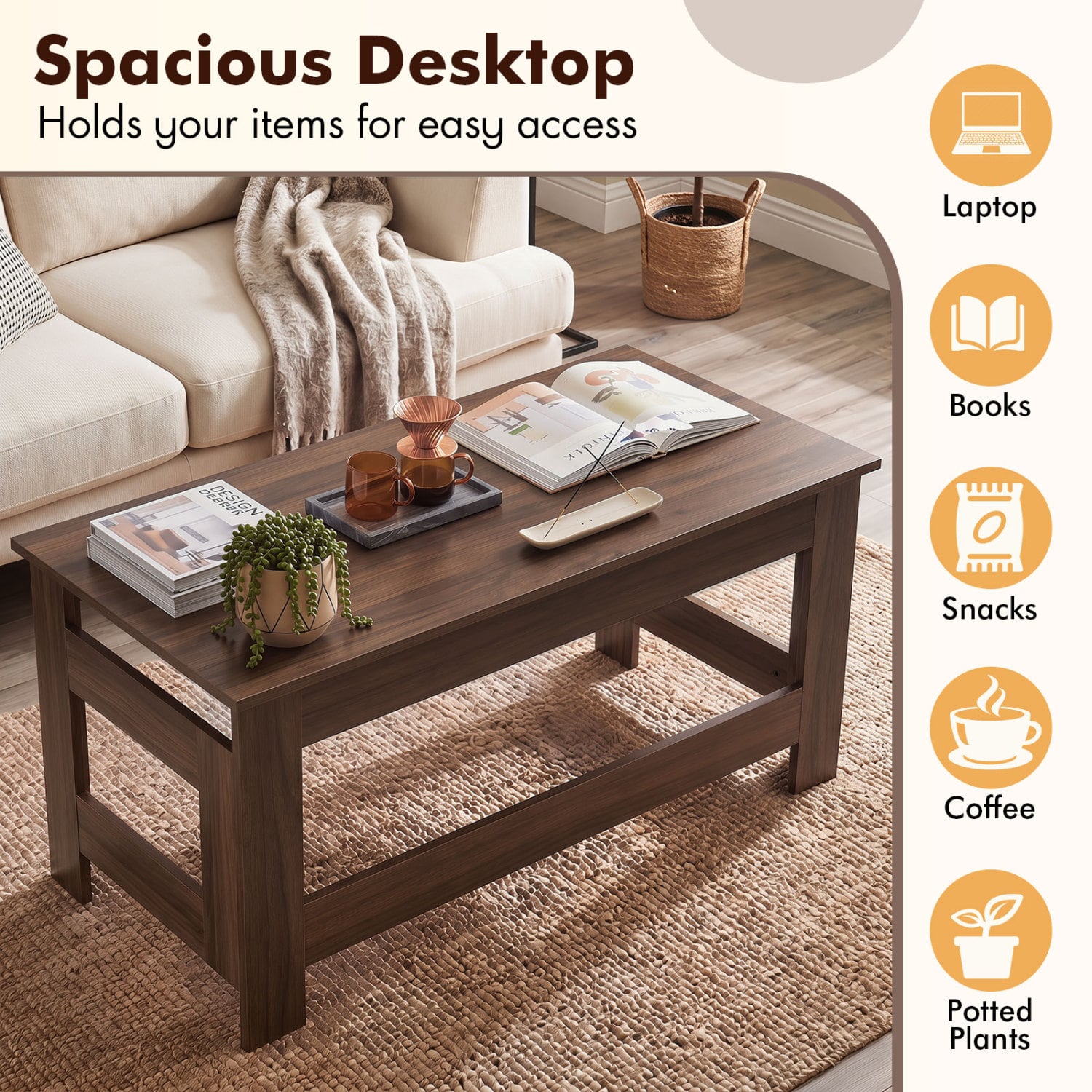 Portable Low Floor Table with Foldable Legs for Living Room, Brown Coffee Tables at Gallery Canada