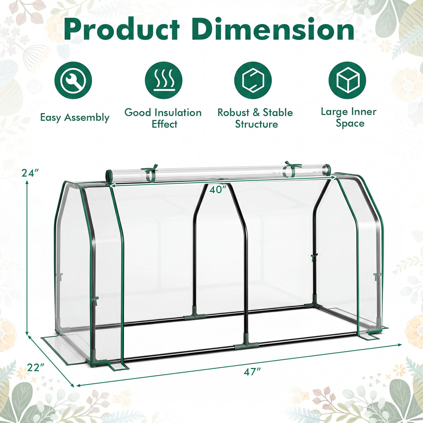Portable Mini Greenhouse, PE Cover, Zippered Door, Green