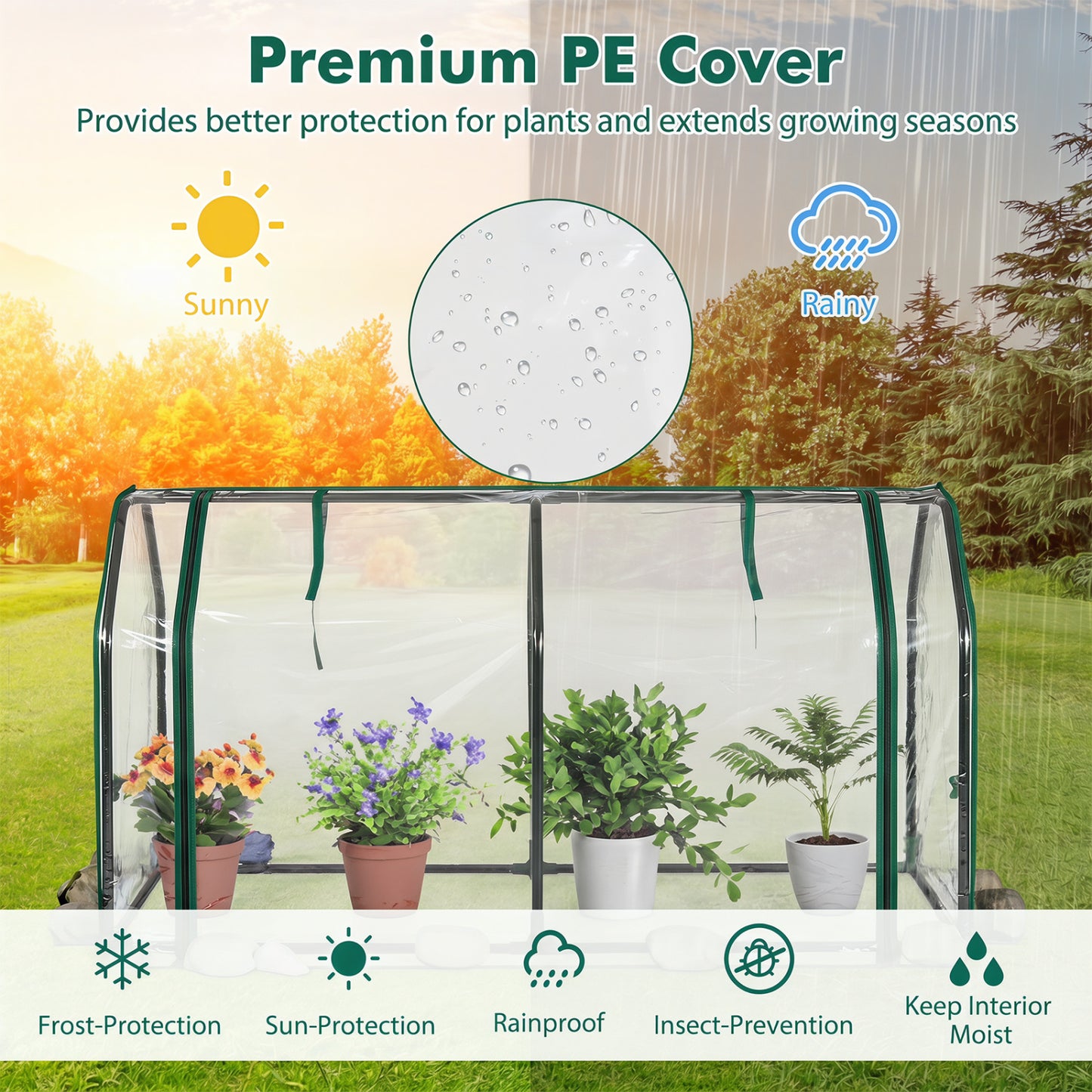 Portable Mini Greenhouse, PE Cover, Zippered Door, Green