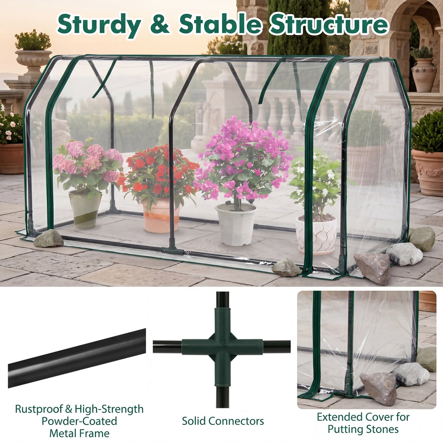 Portable Mini Greenhouse, PE Cover, Zippered Door, Green