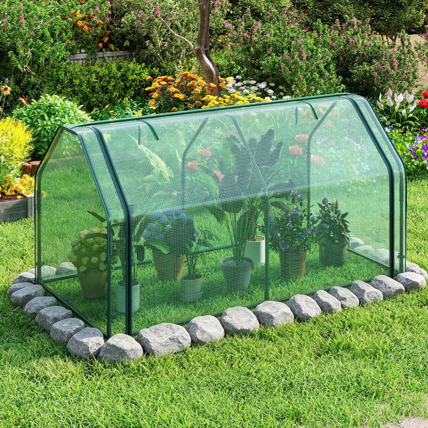 Serre miniature portable avec couverture en PE, porte à fermeture éclair, verte