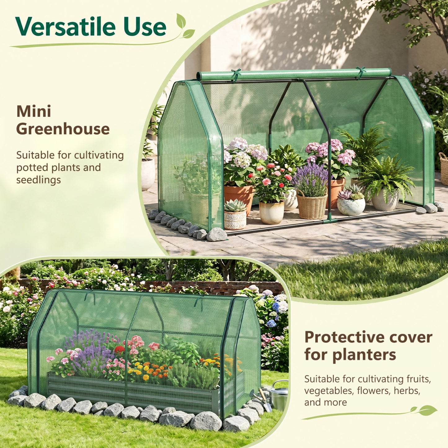 Serre miniature portable avec couverture en PE, porte à fermeture éclair, verte