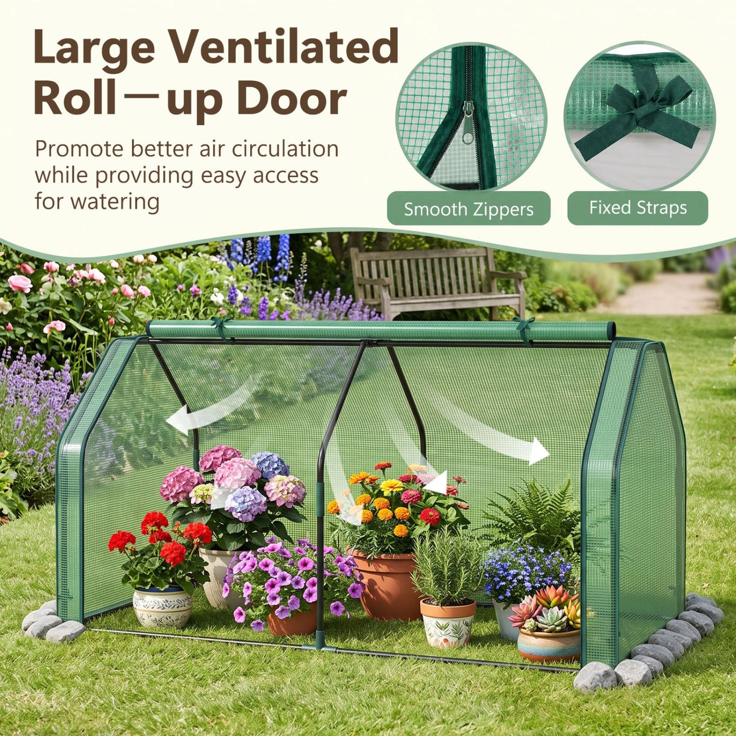 Serre miniature portable avec couverture en PE, porte à fermeture éclair, verte