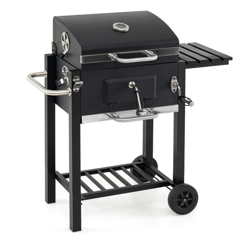 Portable BBQ Grill, Adjustable Charcoal Tray, Wheels, Black