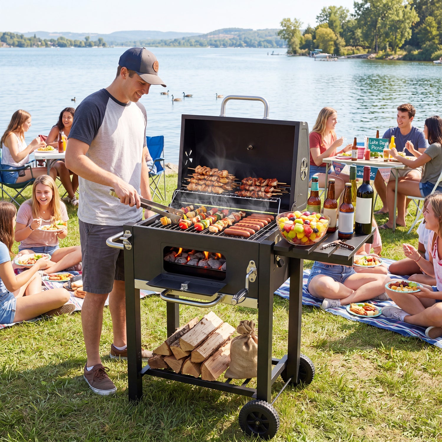 Portable BBQ Grill, Adjustable Charcoal Tray, Wheels, Black Outdoor at Gallery Canada