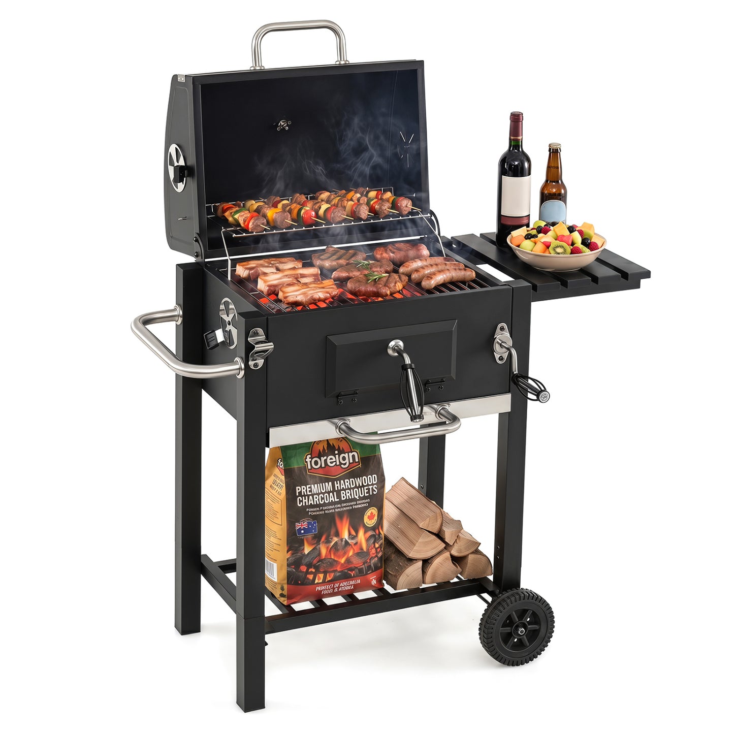 Portable BBQ Grill, Adjustable Charcoal Tray, Wheels, Black Outdoor Black at Gallery Canada