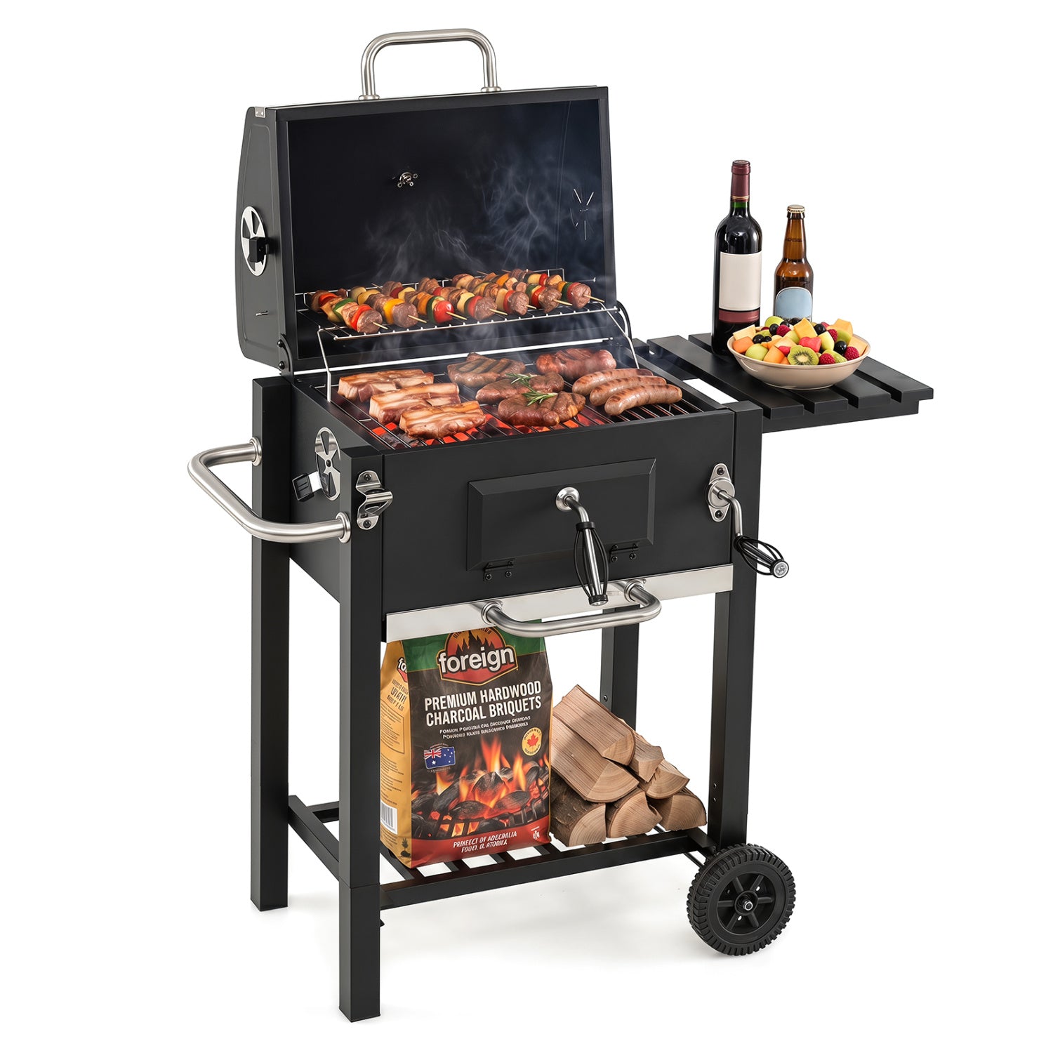 Portable BBQ Grill, Adjustable Charcoal Tray, Wheels, Black Outdoor at Gallery Canada