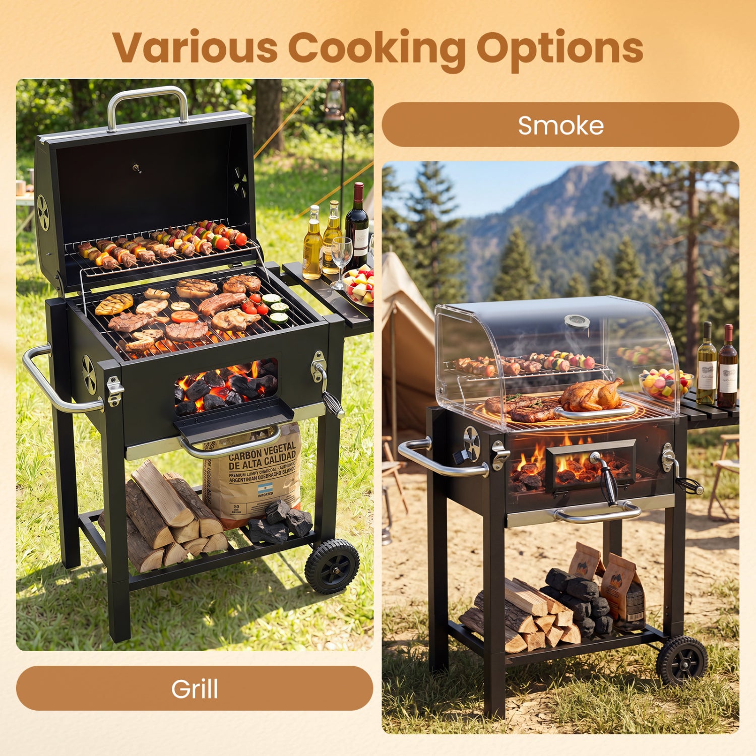 Portable BBQ Grill, Adjustable Charcoal Tray, Wheels, Black Outdoor at Gallery Canada