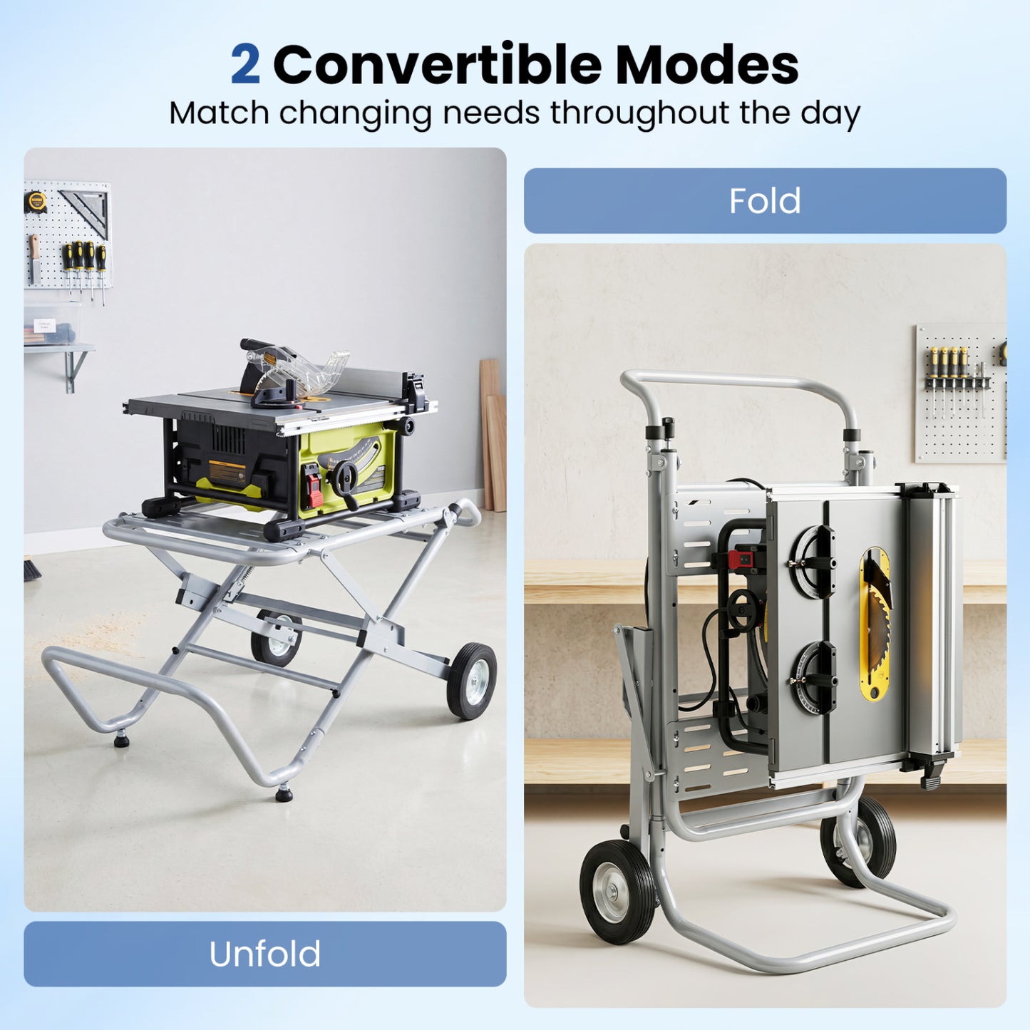 Portable Table Saw Stand, Heavy Duty, 8-Inch Rubber Wheels, Silver