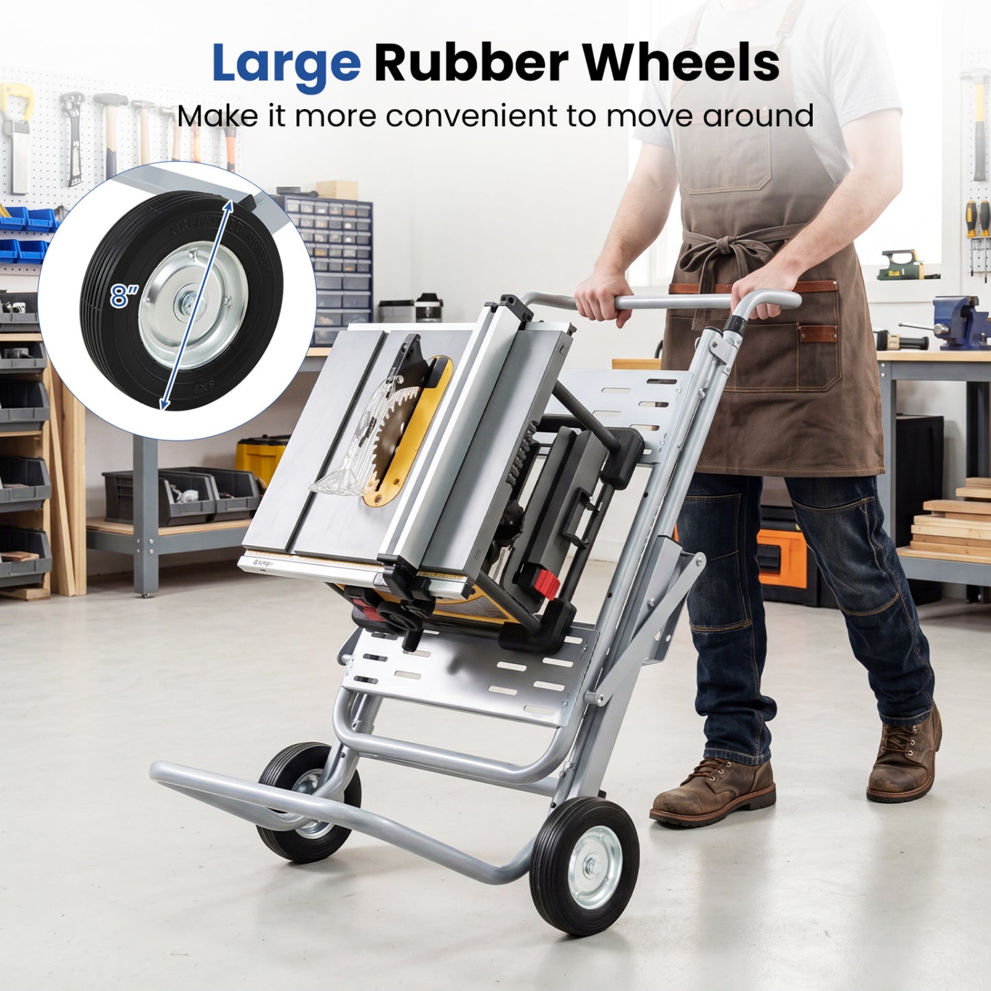 Portable Table Saw Stand, Heavy Duty, 8-Inch Rubber Wheels, Silver