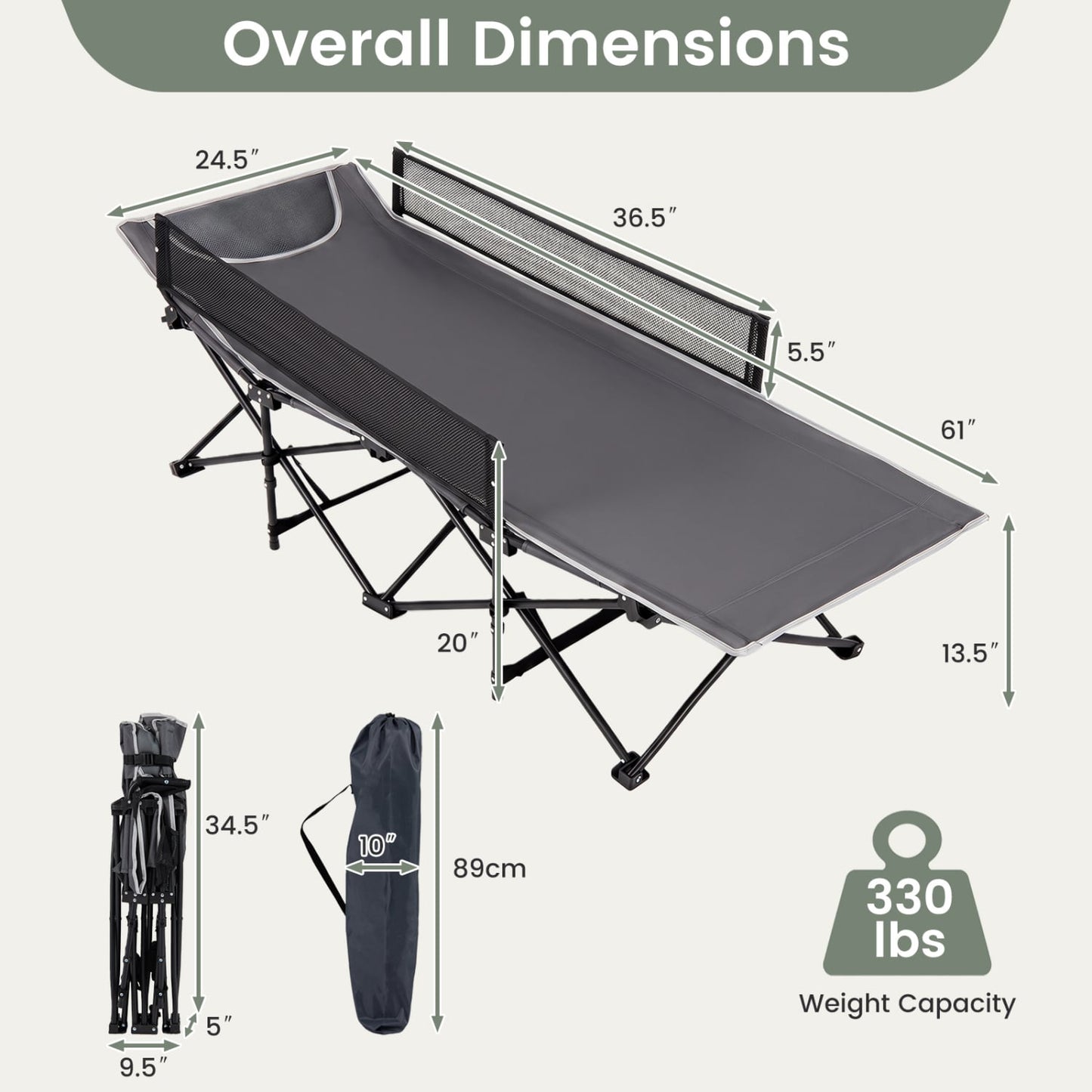 Portable Toddler Cot Bed With Guardrail, Gray