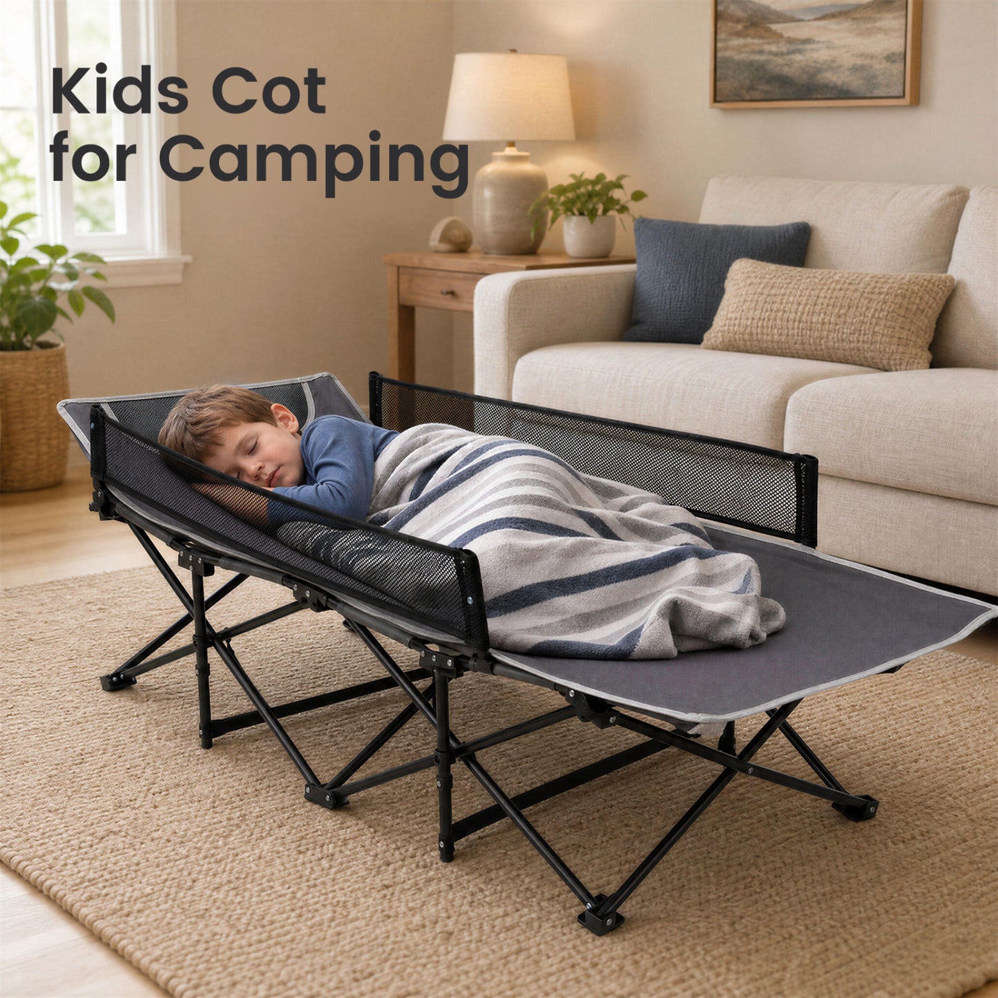 Portable Toddler Cot Bed With Guardrail, Gray