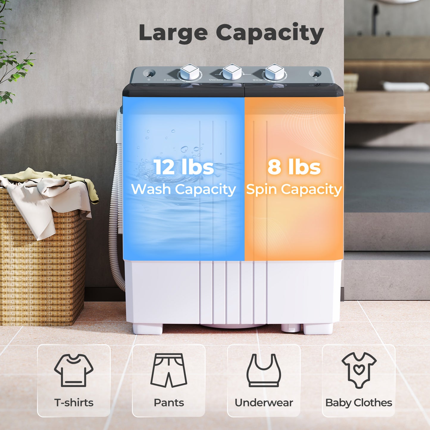 Portable Washing Machine with Built-in Drain Pump, Gray Washing Machines at Gallery Canada