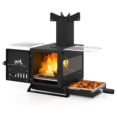 Portable Wood Burning Stove Mini Heater Burner with Pot Rack Oven Pan, Black