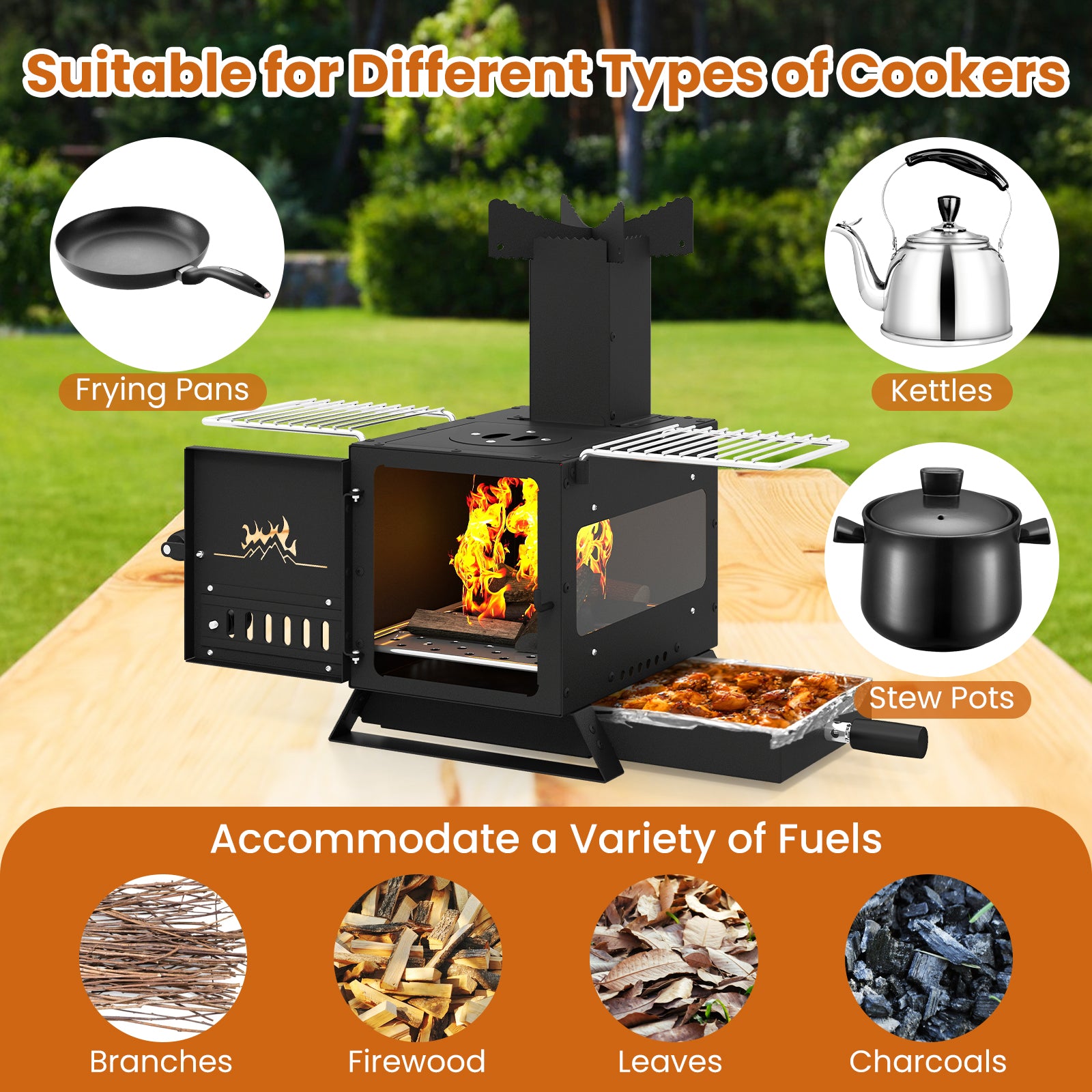 Portable Wood Burning Stove Mini Heater Burner with Pot Rack Oven Pan, Black Fire Pits at Gallery Canada
