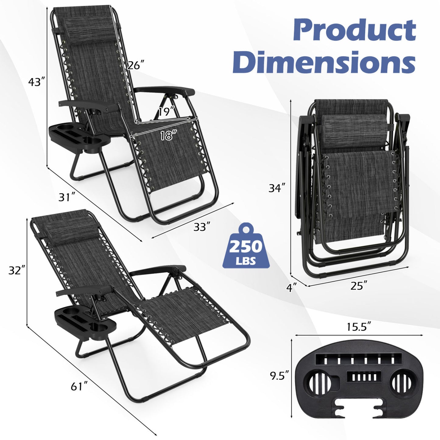 Portable Zero Gravity Chairs with Cup Holder Trays and Backrest, Gray Beach & Lawn Chairs at Gallery Canada