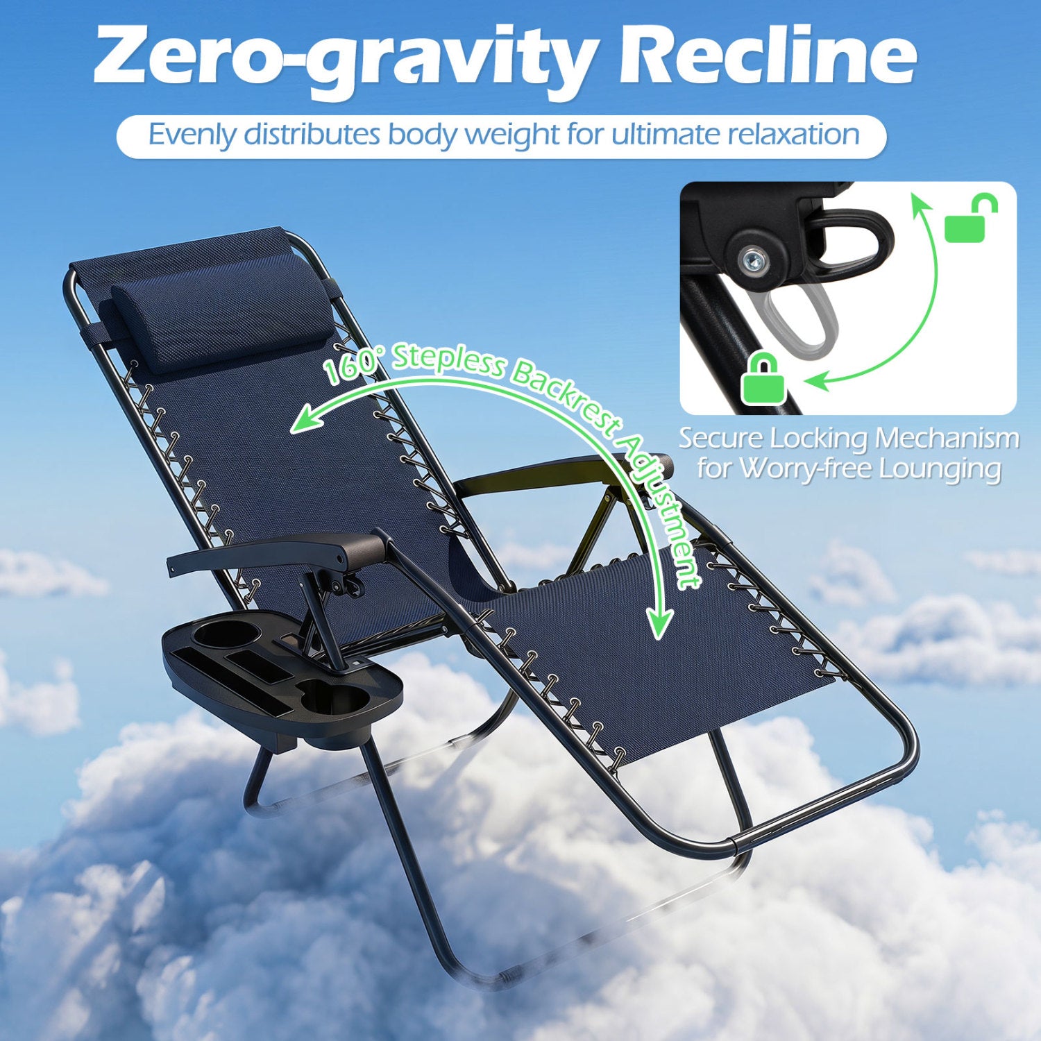 Portable Zero Gravity Chairs with Cup Holder Trays and Backrest, Navy Beach & Lawn Chairs at Gallery Canada
