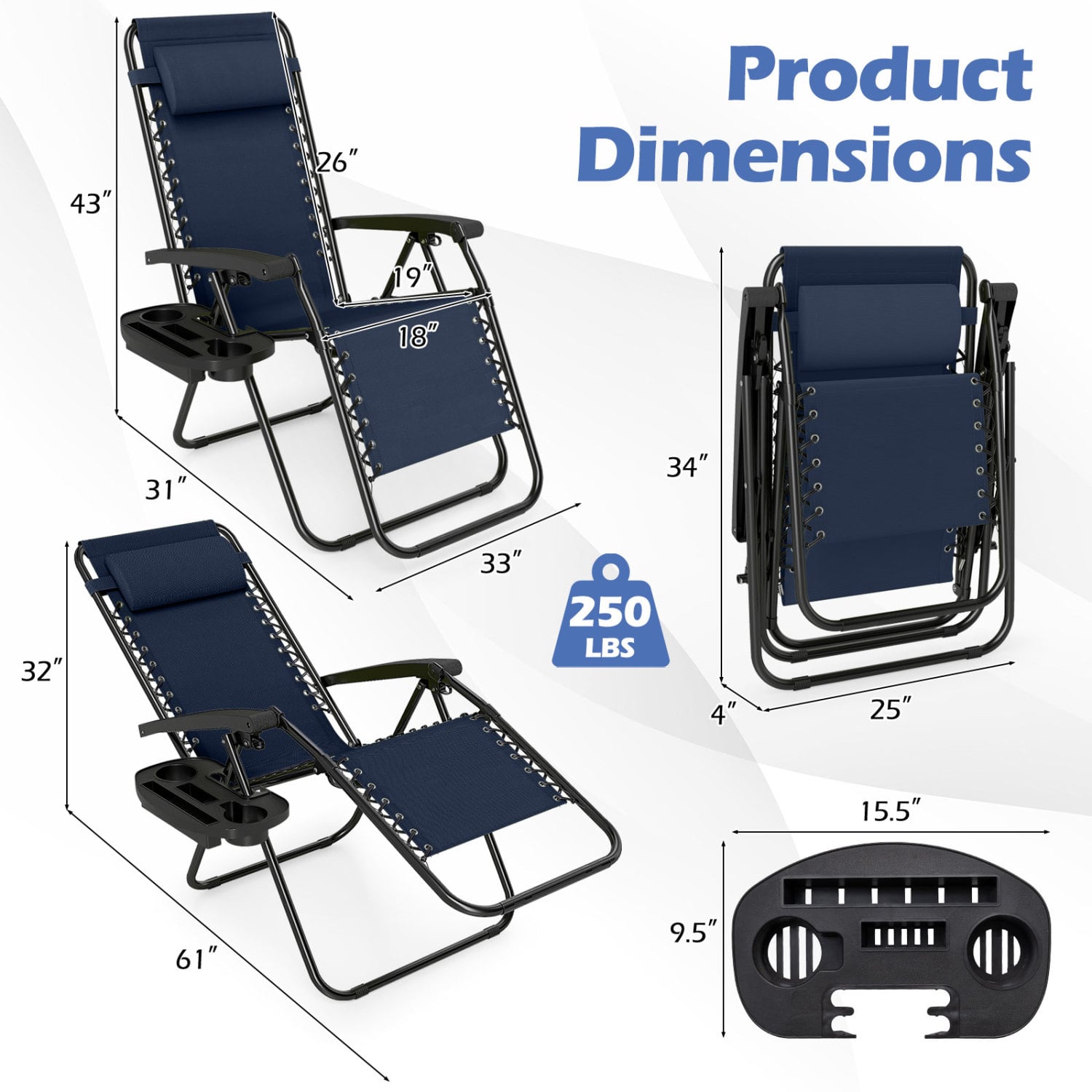 Portable Zero Gravity Chairs with Cup Holder Trays and Backrest Set of 2, Navy Beach & Lawn Chairs at Gallery Canada
