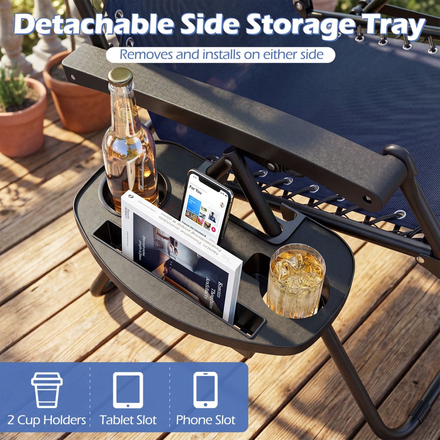 Portable Zero Gravity Chairs with Cup Holder Trays and Backrest Set of 2, Navy Beach & Lawn Chairs at Gallery Canada