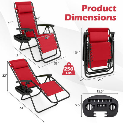 Portable Zero Gravity Chairs with Cup Holder Trays and Backrest Set of 2, Red Beach & Lawn Chairs at Gallery Canada