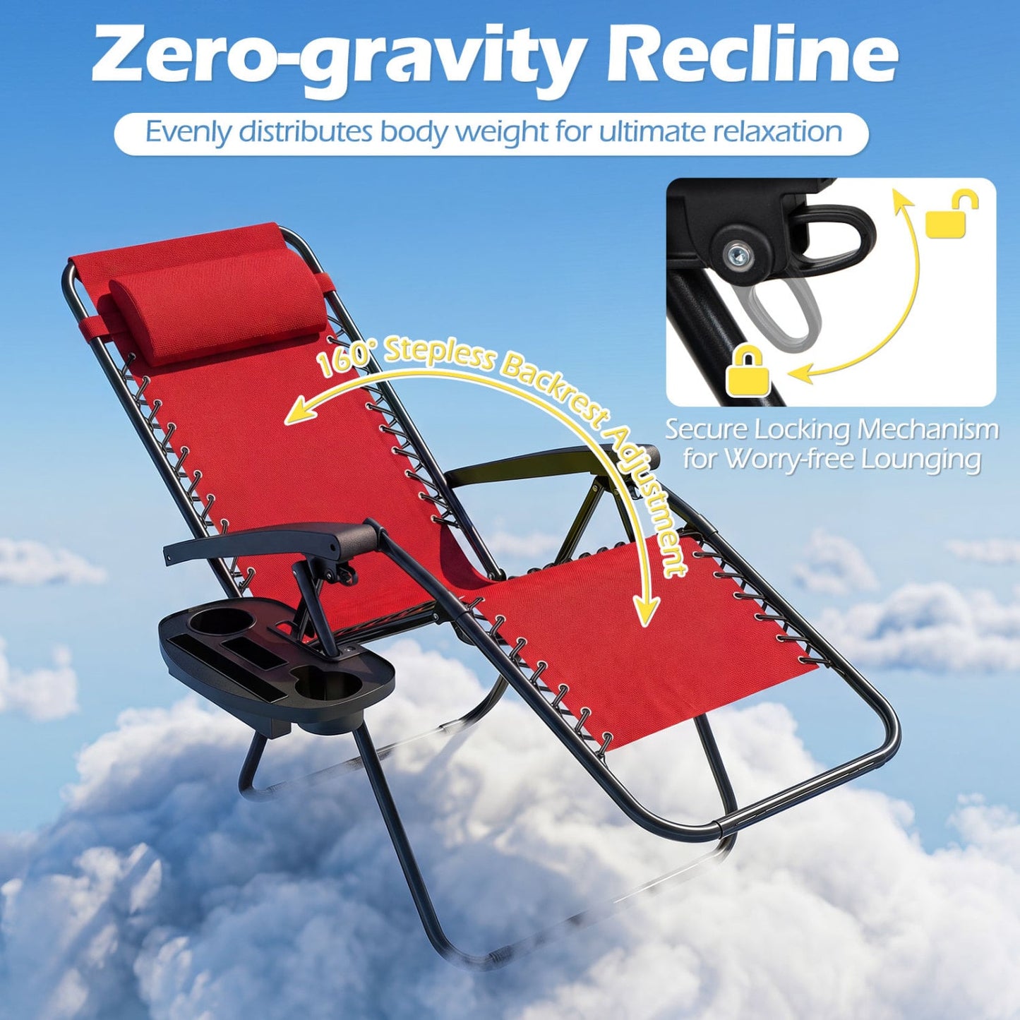 Portable Zero Gravity Chairs with Cup Holder Trays and Backrest Set of 2, Red Beach & Lawn Chairs at Gallery Canada