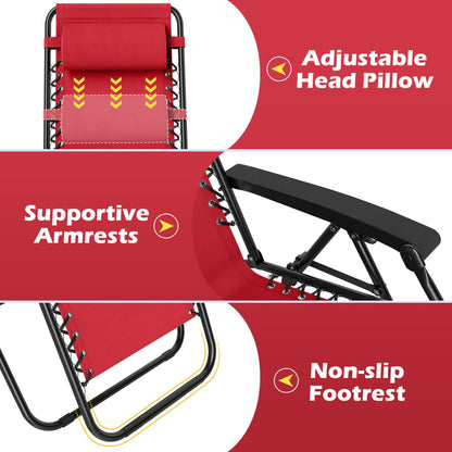 Portable Zero Gravity Chairs with Cup Holder Trays and Backrest Set of 2, Red Beach & Lawn Chairs at Gallery Canada