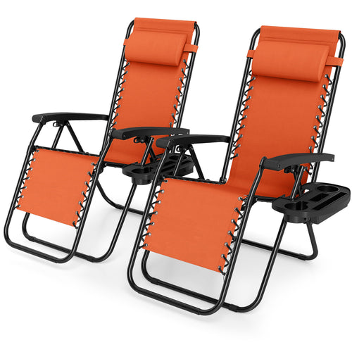 Portable Zero Gravity Chairs with Cup Holder Trays and Backrest Set of 2, Orange