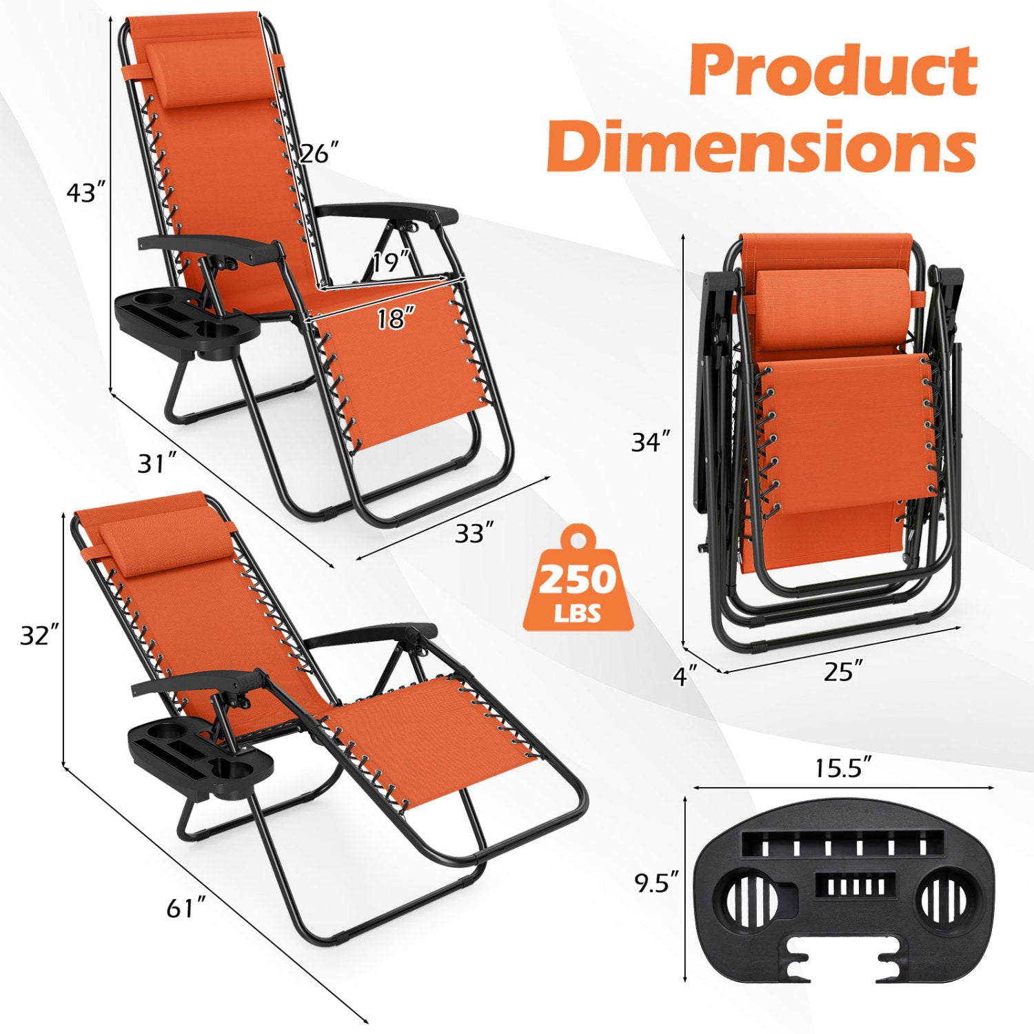 Portable Zero Gravity Chairs with Cup Holder Trays and Backrest Set of 2, Orange Beach & Lawn Chairs at Gallery Canada