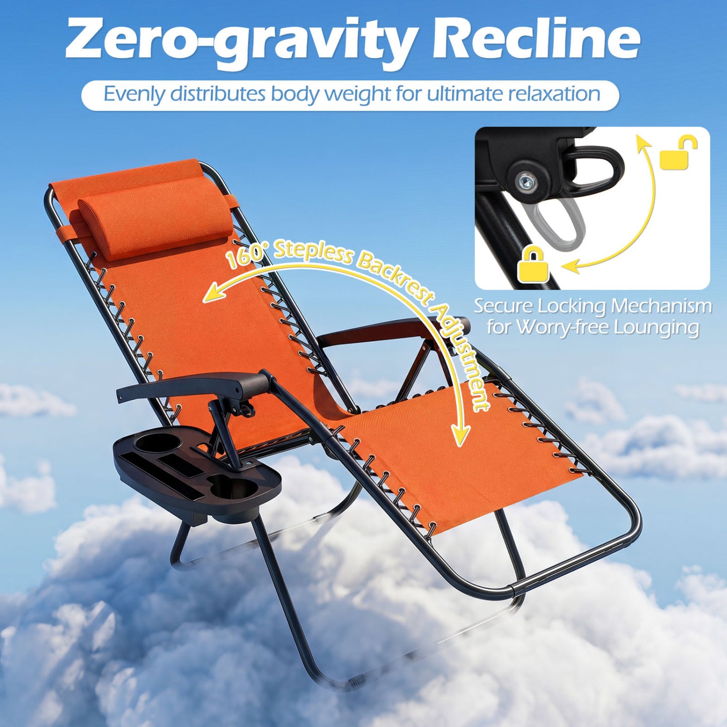 Portable Zero Gravity Chairs with Cup Holder Trays and Backrest Set of 2, Orange Beach & Lawn Chairs at Gallery Canada