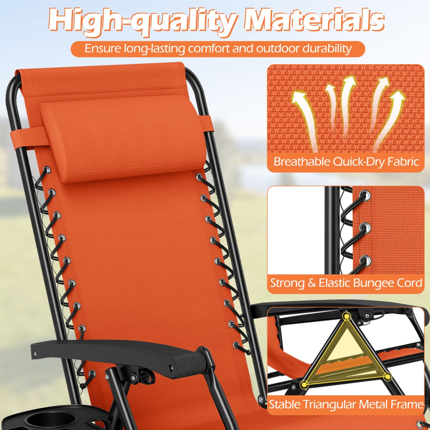 Portable Zero Gravity Chairs with Cup Holder Trays and Backrest Set of 2, Orange Beach & Lawn Chairs at Gallery Canada
