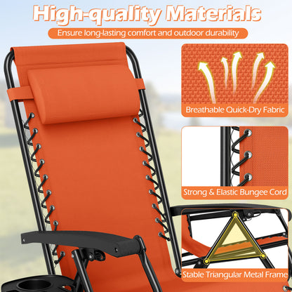 Portable Zero Gravity Chairs with Cup Holder Trays and Backrest Set of 2, Orange Beach & Lawn Chairs at Gallery Canada