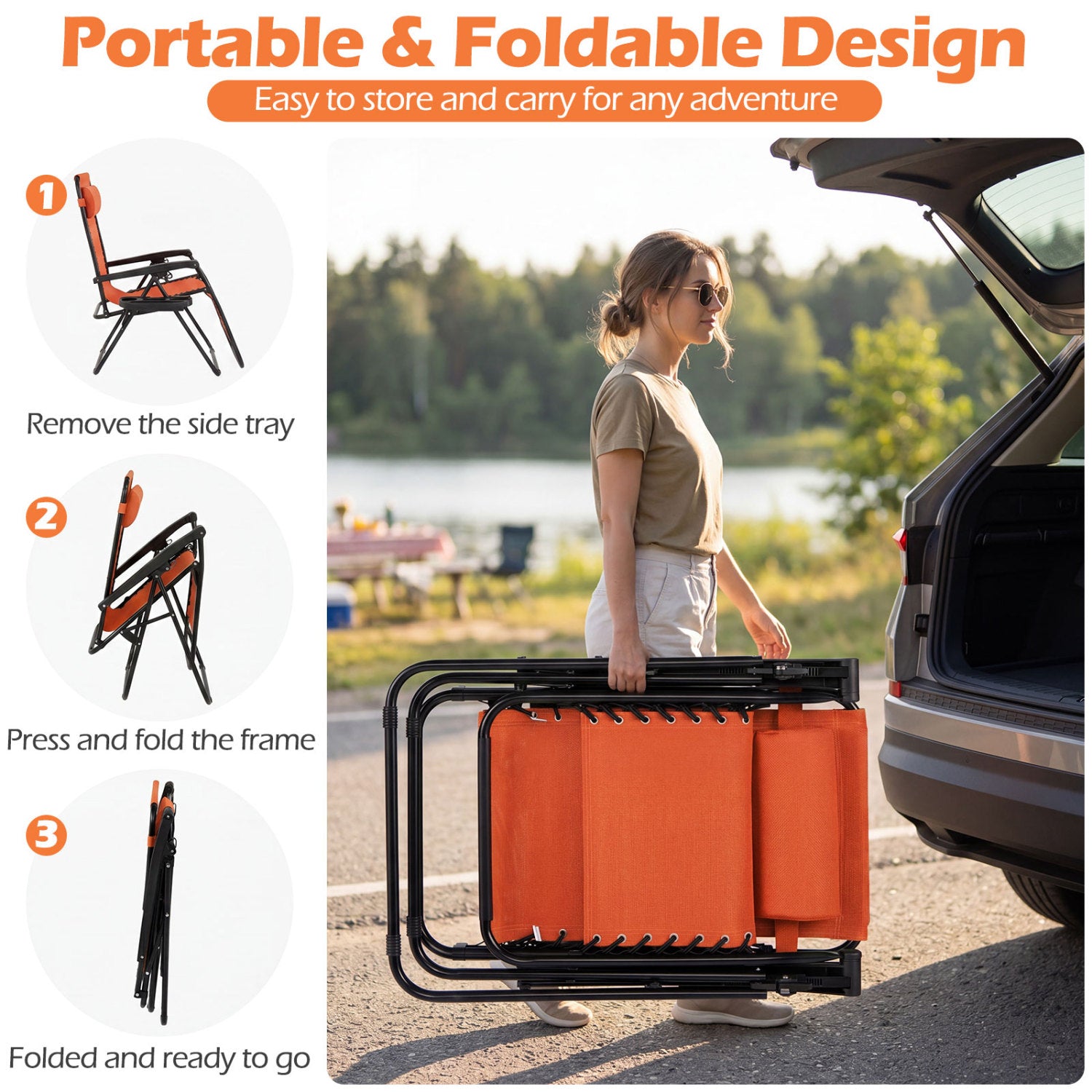 Portable Zero Gravity Chairs with Cup Holder Trays and Backrest Set of 2, Orange Beach & Lawn Chairs at Gallery Canada