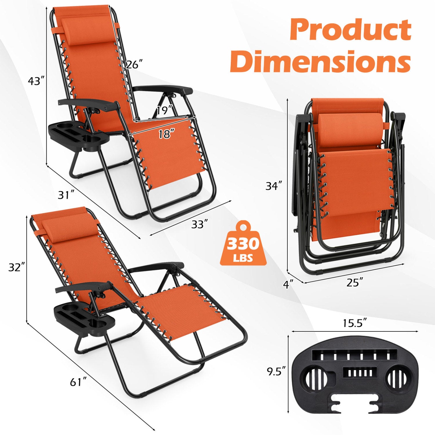 Portable Zero Gravity Chairs with Cup Holder Trays and Backrest, Orange Beach & Lawn Chairs at Gallery Canada