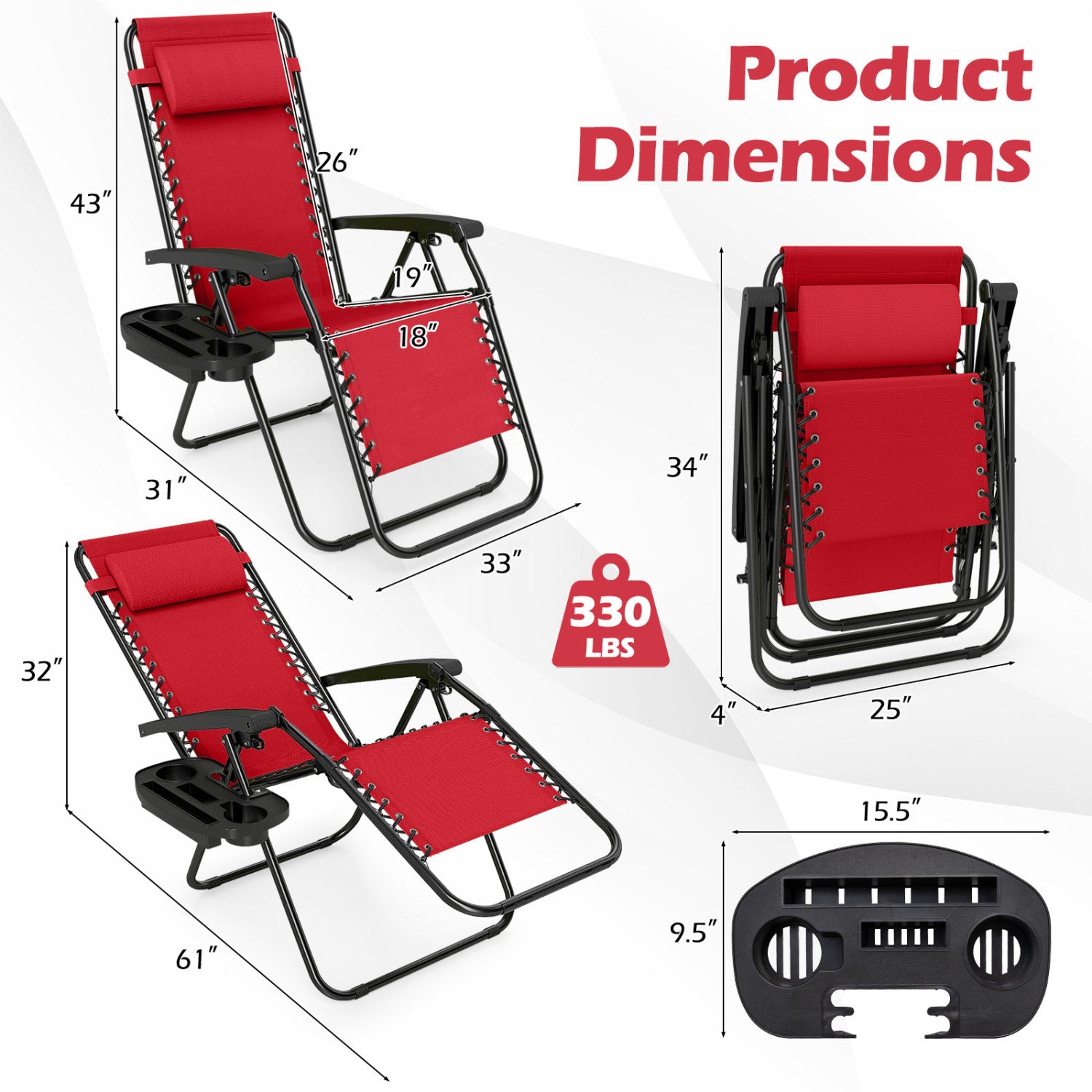 Portable Zero Gravity Chairs with Cup Holder Trays and Backrest, Red Beach & Lawn Chairs at Gallery Canada