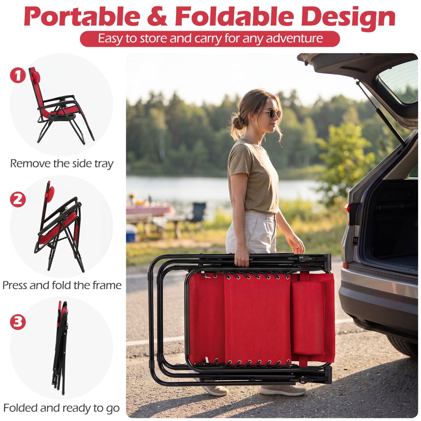 Portable Zero Gravity Chairs with Cup Holder Trays and Backrest, Red Beach & Lawn Chairs at Gallery Canada