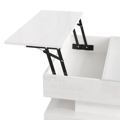 Glass Top LED Coffee Table, Storage Drawer, Adjustable Height, 26" L x 21.5" W x 21.5" H, White Coffee Tables at Gallery Canada