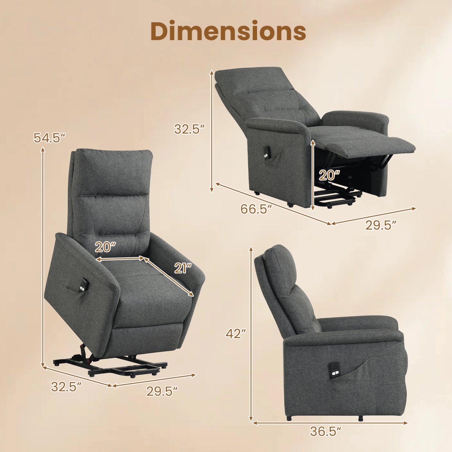 Power Lift Recliner Chair With Remote Control, Gray Recliners at Gallery Canada