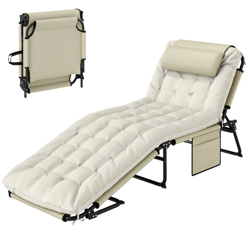 Folding Lounge Chair, 4-Level Reclining Back, Cushion, Beige