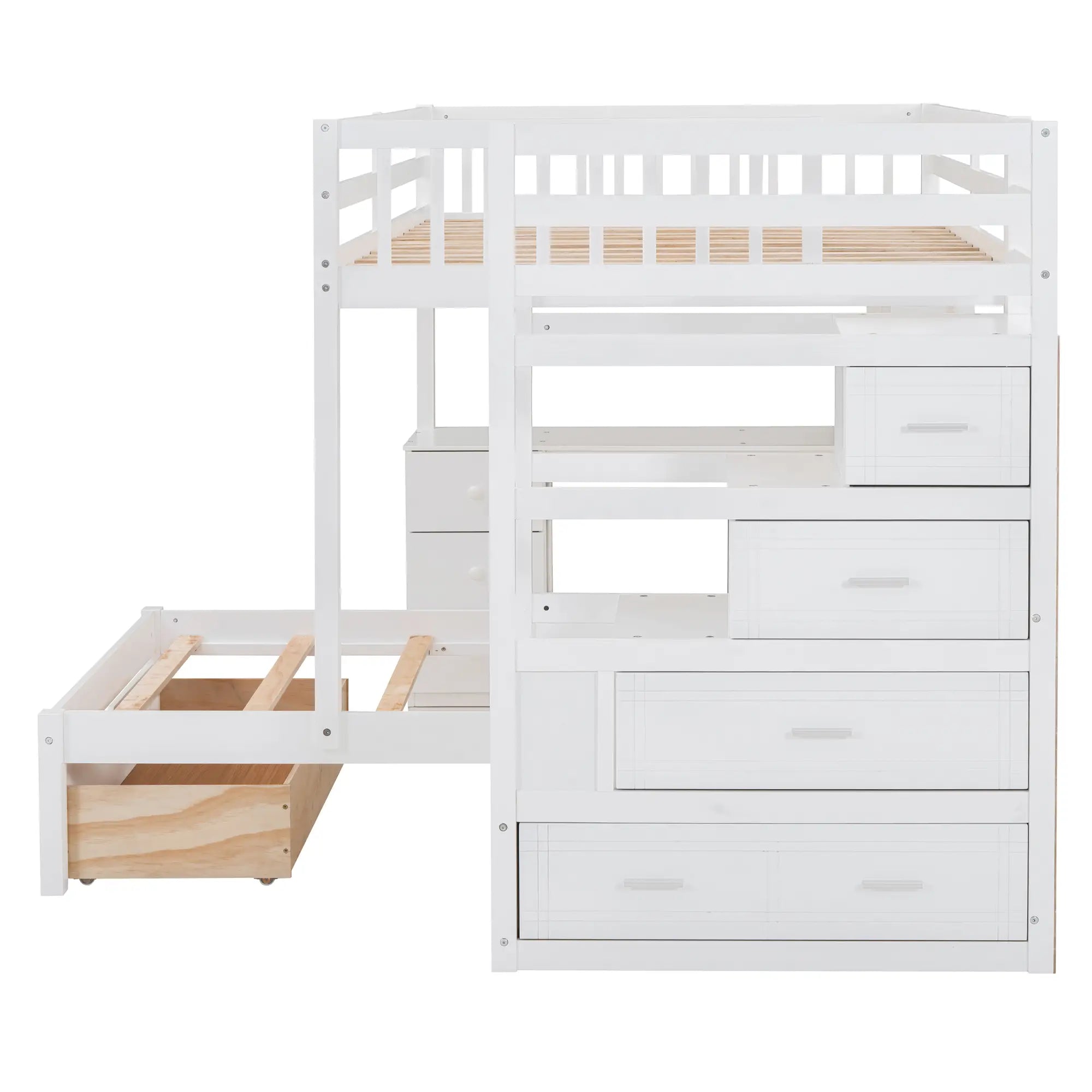 Over Twin Bunk Bed with Desk, Drawers, Shelves, 98