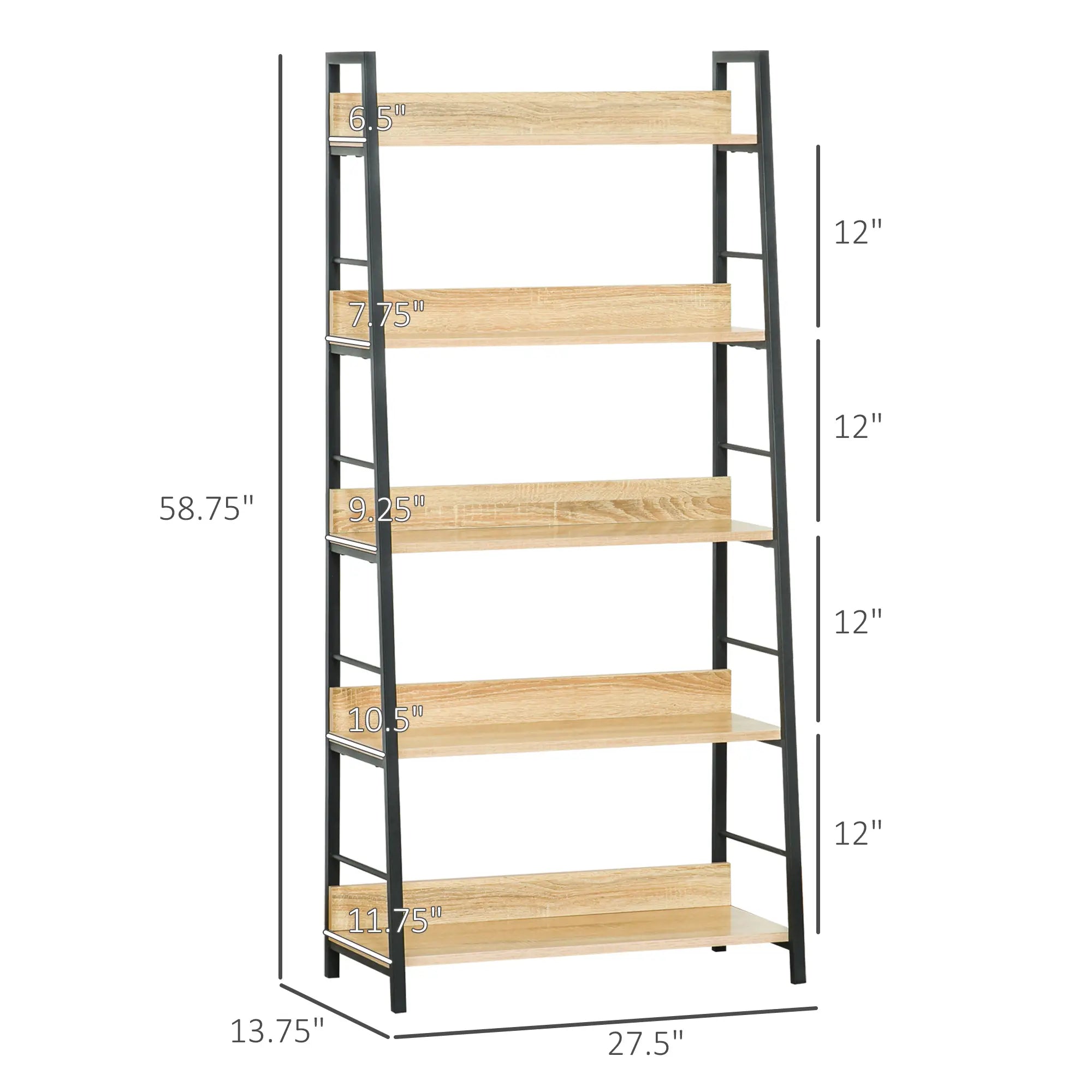 Modern 5-Tier Bookshelf, Metal Frame, Wooden Shelves, Oak Display Bookshelves at Gallery Canada