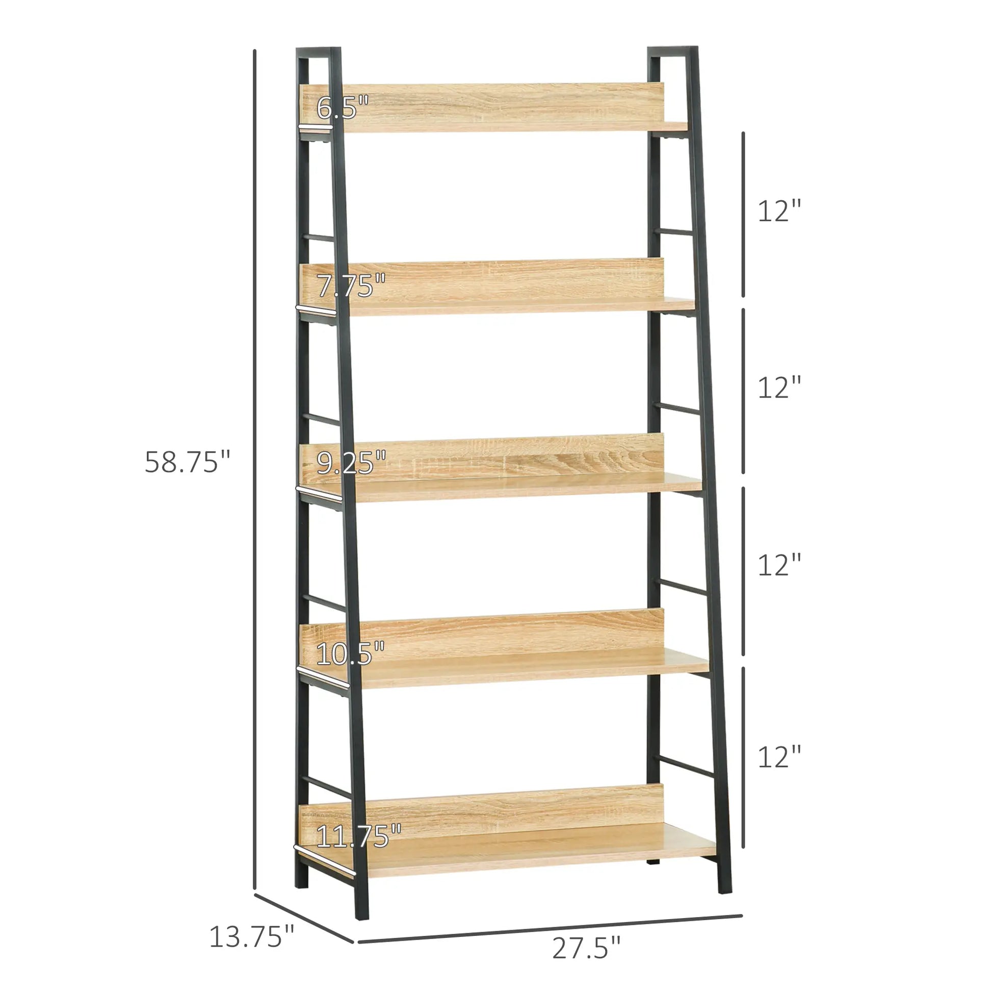 Modern 5-Tier Bookshelf, Metal Frame, Wooden Shelves, Oak Display Bookshelves at Gallery Canada