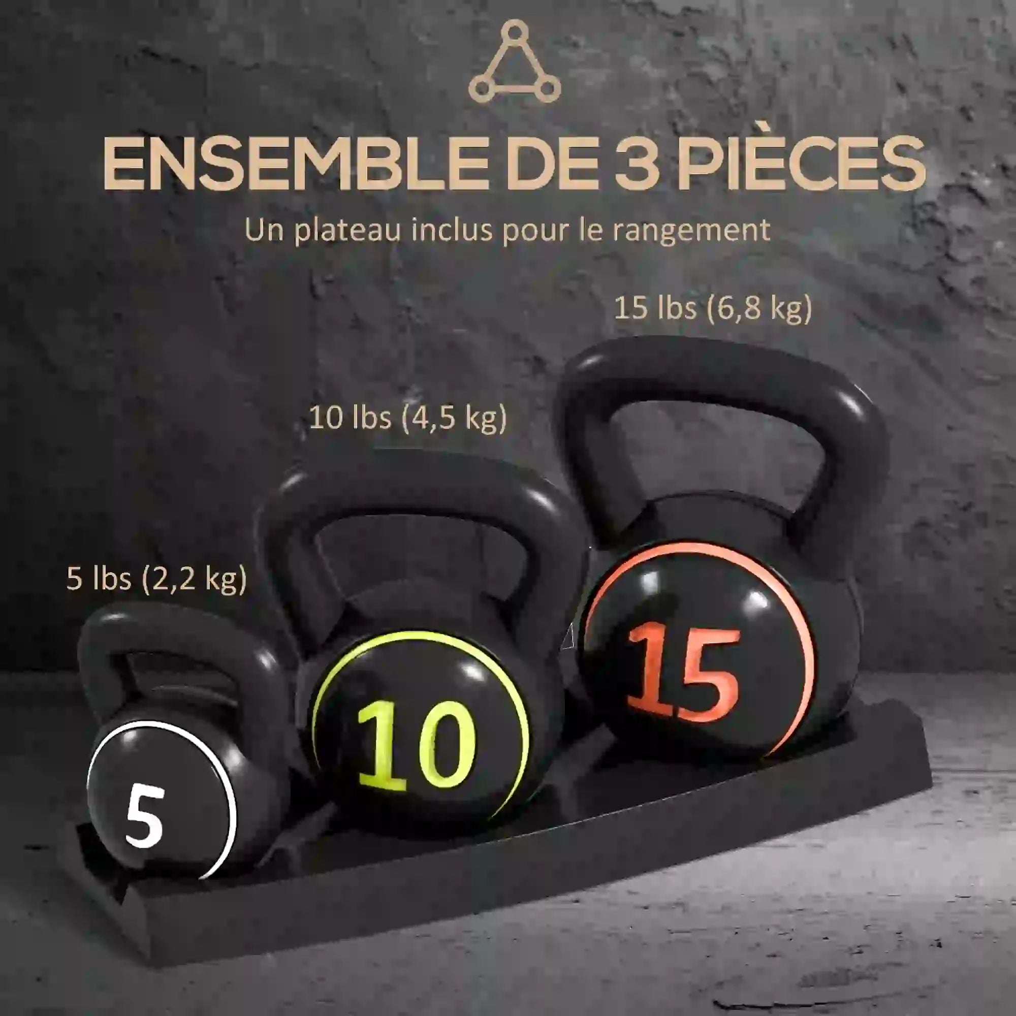 Three-Piece Kettlebell Set, 5lbs, 10lbs, 15lbs, with Stand Strength Training Equipment at Gallery Canada